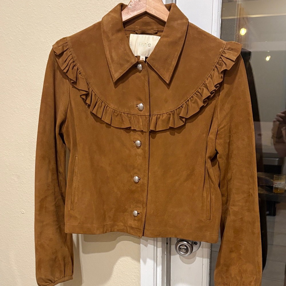 Maje Suede Ruffle Yoke Jacket - Brown